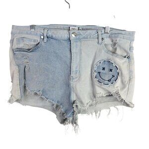 Womens Rue+ Blue Denim Shorts Distressed Happy Face Applique Cut Off Hem Size 20